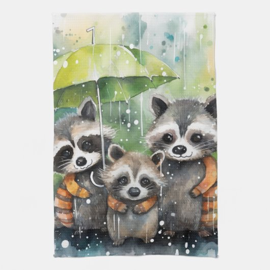 Schattige wasberen in de regen theedoek (Verticaal)