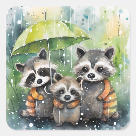 Schattige wasberen in de regen vierkante sticker (Voorkant)