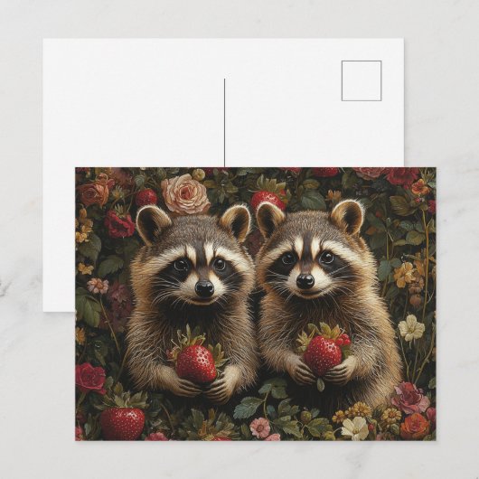 Schattige wasberen met aardbeien briefkaart (Voorkant / Achterkant)