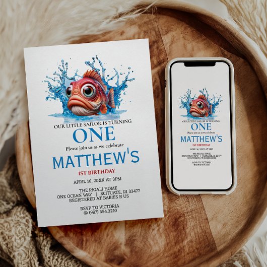 Schattige Water Blauwe Vis 1e verjaardag Kaart