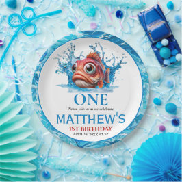 Schattige Water Blauwe Vis 1e verjaardag Papieren Bordje