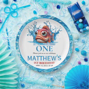 Schattige Water Blauwe Vis 1e verjaardag Papieren Bordje