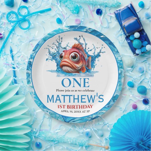 Schattige Water Blauwe Vis 1e verjaardag Papieren Bordje (Feest)