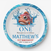 Schattige Water Blauwe Vis 1e verjaardag Papieren Bordje (Voorkant)