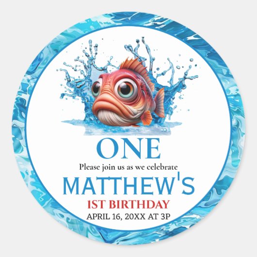 Schattige Water Blauwe Vis 1e verjaardag Ronde Sticker (Voorkant)