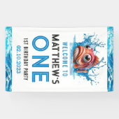 Schattige Water Blauwe Vis 1e Verjaardagsfeest Spandoek (Horizontaal)