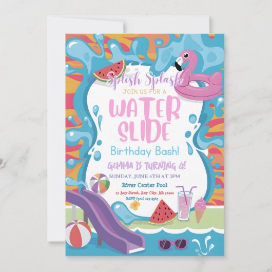 Schattige Water Slide Pool Kids Verjaardagsfeest Kaart (Voorkant)