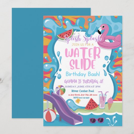 Schattige Water Slide Pool Kids Verjaardagsfeest Kaart (Voorkant / Achterkant)