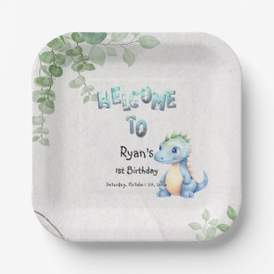 Schattige Watercolor Baby Dinosaurus 1e Verjaardag Papieren Bordje