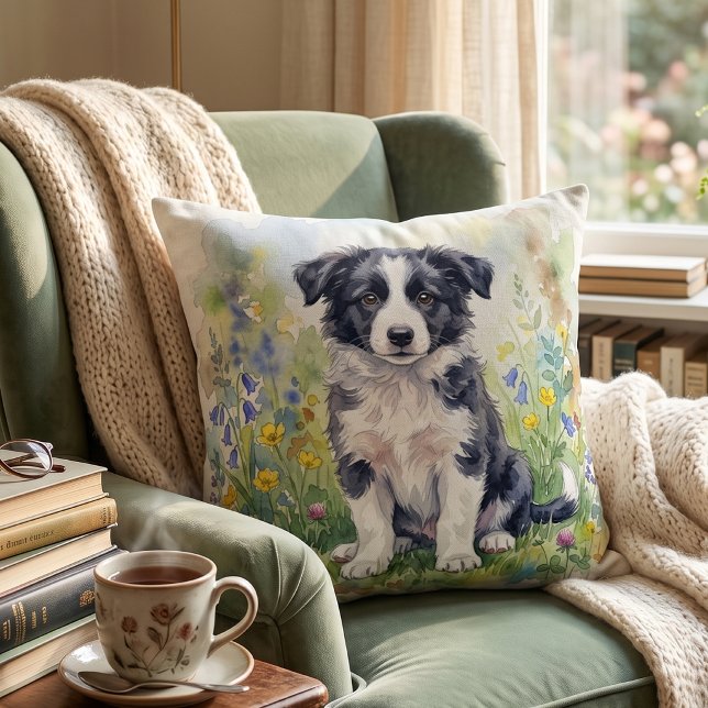 Schattige Watercolor Border Collie Puppy Kussen (Creator heeft geüpload)