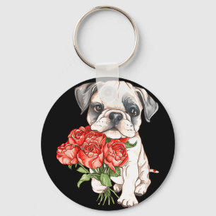 Schattige watercolor bulldog puppy met rode rozen sleutelhanger