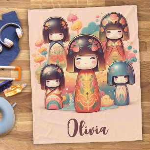 Schattige Watercolor Kokeshi Poppen Blush Fleece Deken