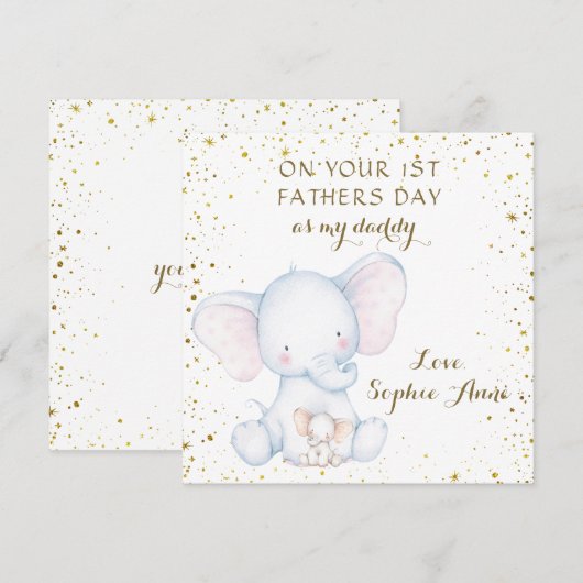 Schattige Watercolor Olifant 1e Vaderdag Notitiekaartje (Voorkant / Achterkant)