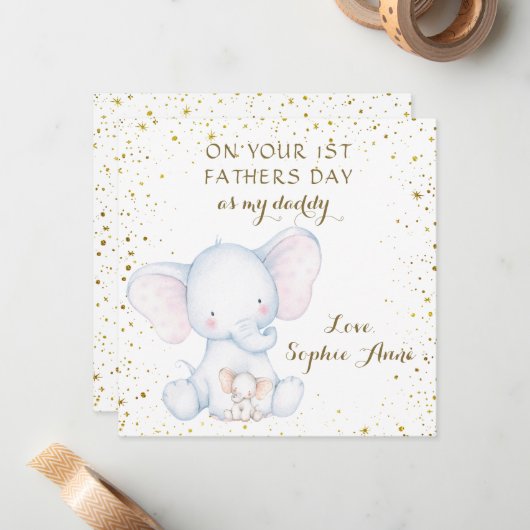 Schattige Watercolor Olifant 1e Vaderdag Notitiekaartje (Voorkant / Achterkant in situ)