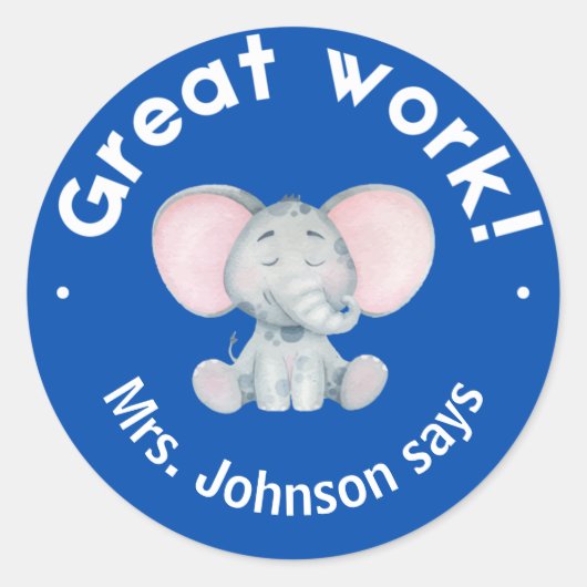 Schattige Watercolor Olifant Geweldig Werk Student Ronde Sticker (Voorkant)