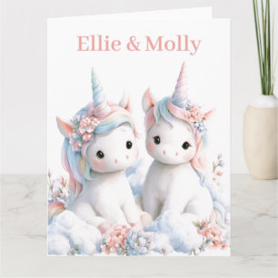 Schattige Watercolor Tweeling Baby Eenhoorns op ee Kaart