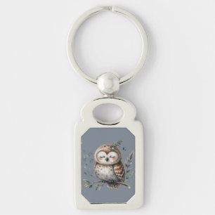 Schattige watercolor uil met bloemrijke bosstijl sleutelhanger