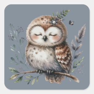 Schattige watercolor uil met bloemrijke bosstijl vierkante sticker