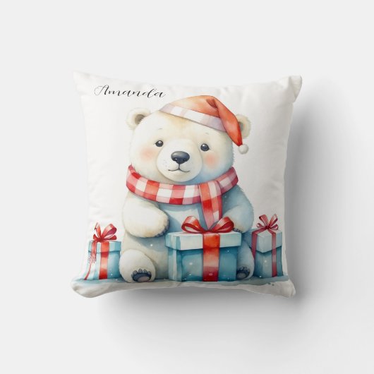 Schattige Watercolor Witte Kerst IJsbeer Kussen (Voorkant)