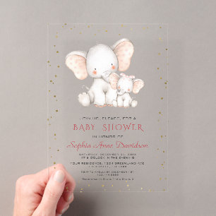 Schattige Watercolour Olifant Meisje Baby Shower Acryl Uitnodigingen