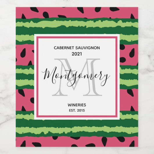 Schattige Watermeloenpatroon Roze & Groene Wijnmak Wijn Etiket (Enkel label)