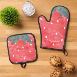 Schattige waterverf aardbei   ovenwant & pannenlap set