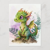 Schattige Waterverf Baby Draak met Paarse ogen