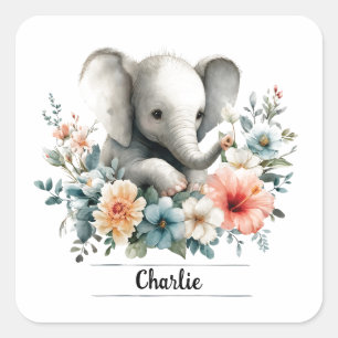 Schattige Waterverf Baby olifant met aangepaste na Vierkante Sticker