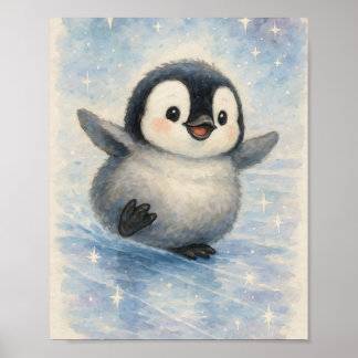 Schattige waterverf baby pinguïn en glinsterende s poster