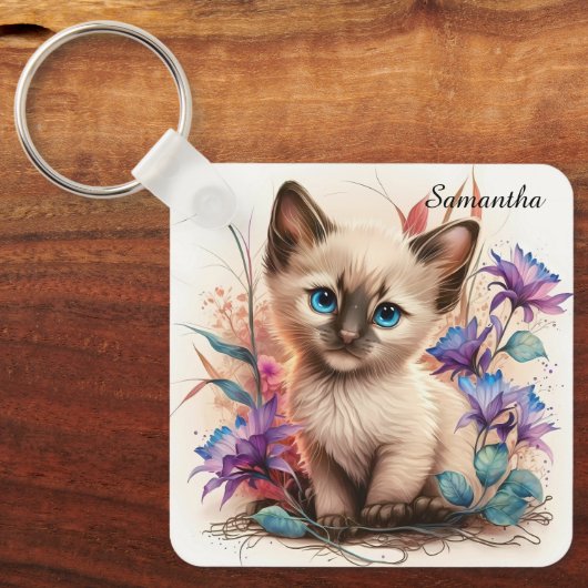Schattige Waterverf Balinese Kitten Sleutelhanger (Voorkant)