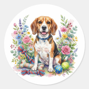 Schattige Waterverf Beagle in Bloemen Ronde Sticker