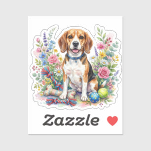 Schattige Waterverf Beagle in Bloemen Sticker