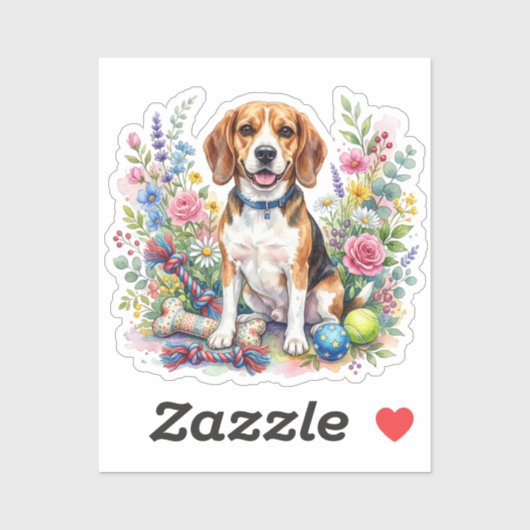 Schattige Waterverf Beagle in Bloemen Sticker (Vel)