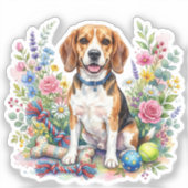 Schattige Waterverf Beagle in Bloemen Sticker (Voorkant)