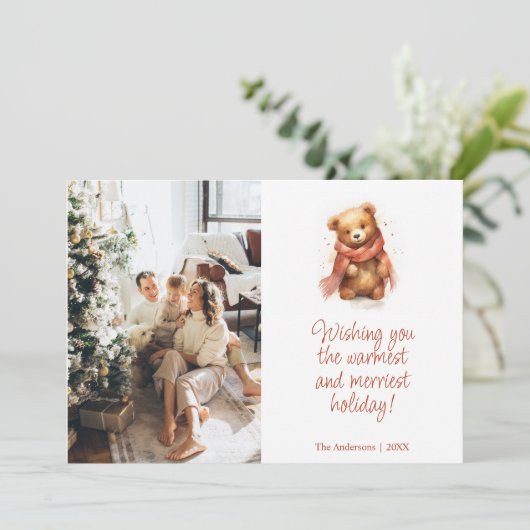 Schattige Waterverf Beer met sjaal Kerstmis Foto Feestdagenkaart (Staand voorkant)