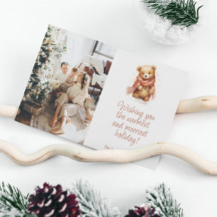 Schattige Waterverf Beer met sjaal Kerstmis Foto Feestdagenkaart