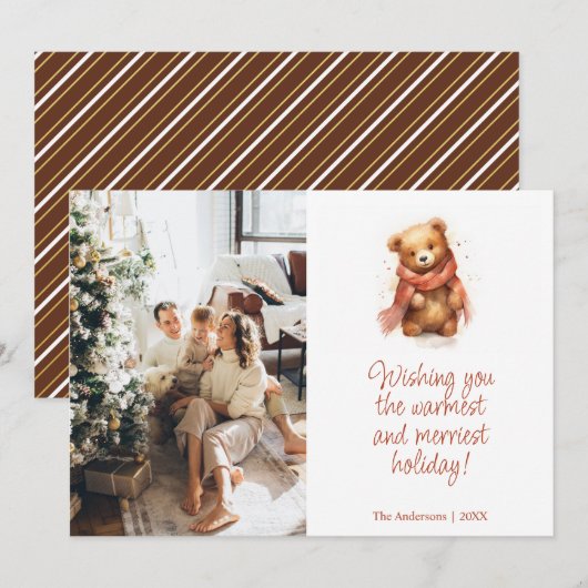 Schattige Waterverf Beer met sjaal Kerstmis Foto Feestdagenkaart (Voorkant / Achterkant)