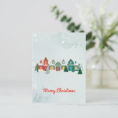 Schattige waterverf besneeuwde kerstdorp feestdagenkaart (Staand voorkant)