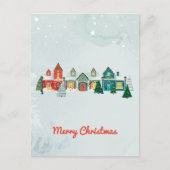 Schattige waterverf besneeuwde kerstdorp feestdagenkaart (Voorkant)