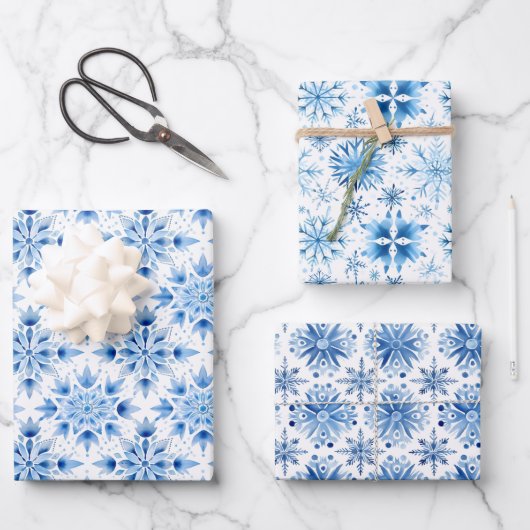 Schattige Waterverf Blauw Kerst Sneeuwvlokken Wrap Inpakpapier Vel (Voorkant)