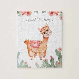 Schattige Waterverf Bloemige Cactus Lama Naam Legpuzzel