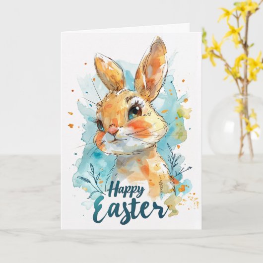 Schattige Waterverf Bunny Easter Kaart (Gele Bloem)