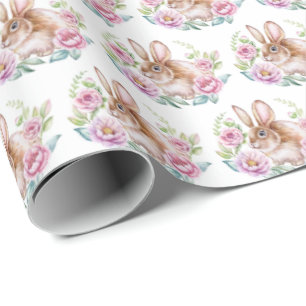 Schattige Waterverf Bunny en Roze Bloemen Patroon Cadeaupapier