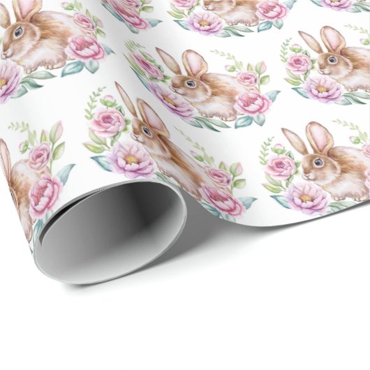 Schattige Waterverf Bunny en Roze Bloemen Patroon Cadeaupapier (Rol Hoek)