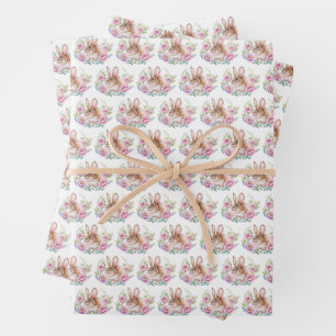 Schattige Waterverf Bunny en Roze Bloemen Patroon Inpakpapier Vel