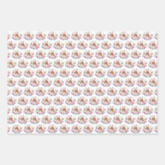 Schattige Waterverf Bunny en Roze Bloemen Patroon Inpakpapier Vel (Voorkant)