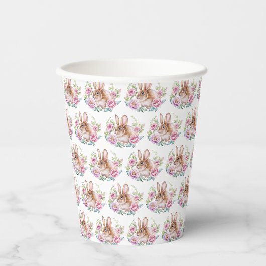 Schattige Waterverf Bunny en Roze Bloemen Patroon Papieren Bekers (Voorkant)