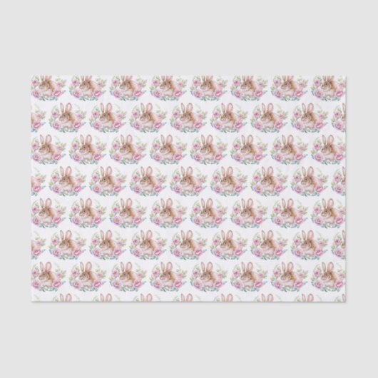 Schattige Waterverf Bunny en Roze Bloemen Patroon Tissuepapier (Voorkant)