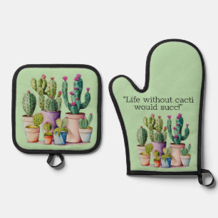 Schattige waterverf cactussen succulenten in potte ovenwant & pannenlap set