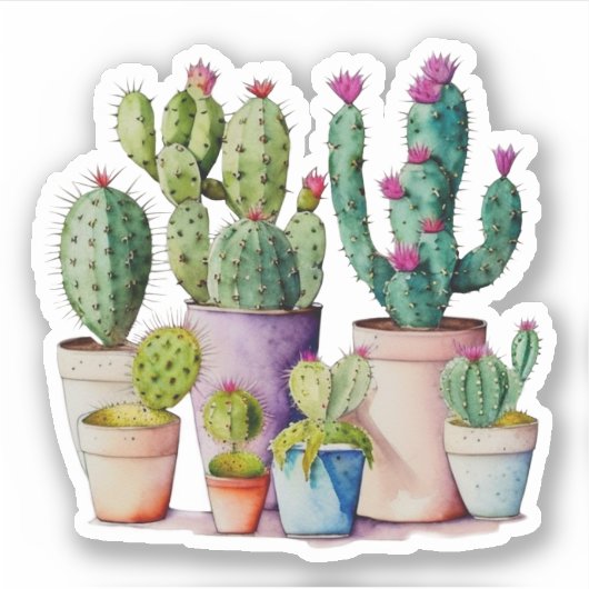 Schattige waterverf cactussen succulenten in potte sticker (Voorkant)
